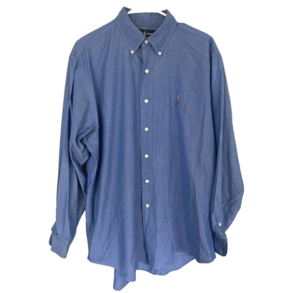 Ralph Lauren Yarmouth Shirt Men L (16-34) Blue Pinpoint Oxford Button Flesh Pony